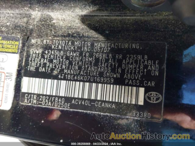 TOYOTA CAMRY LE, 4T1BE46K07U169959