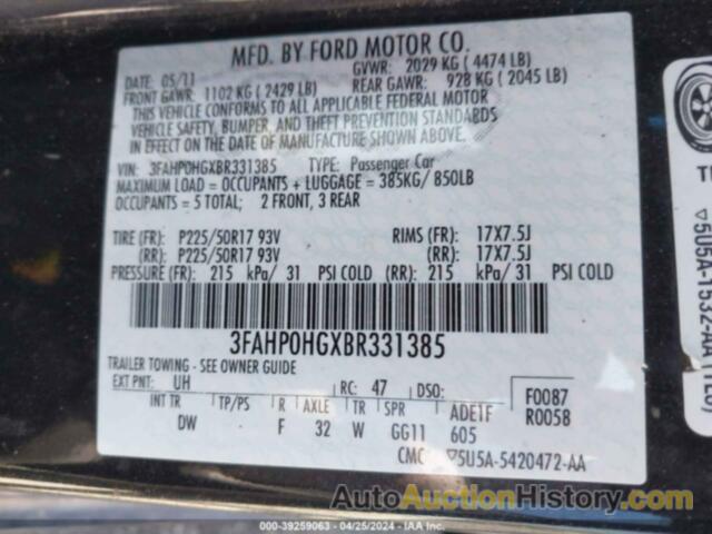 FORD FUSION SE, 3FAHP0HGXBR331385