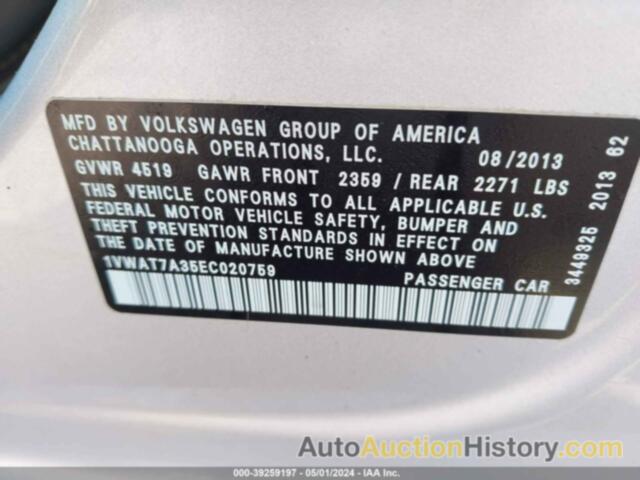 VOLKSWAGEN PASSAT 1.8T S/1.8T WOLFSBURG EDITION, 1VWAT7A35EC020759