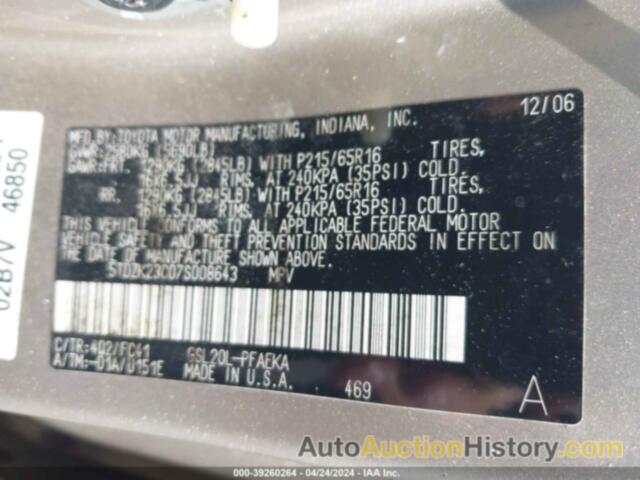 TOYOTA SIENNA LE, 5TDZK23C07S008643