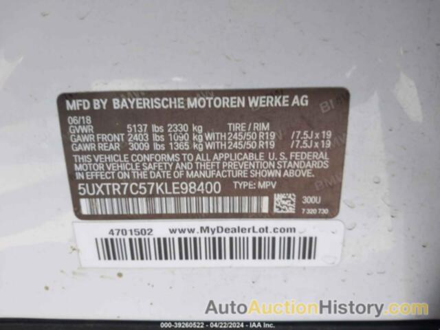 BMW X3 SDRIVE30I, 5UXTR7C57KLE98400