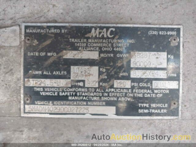 MAC TRAILER MFG DUMP, 5MADN4029DC027223