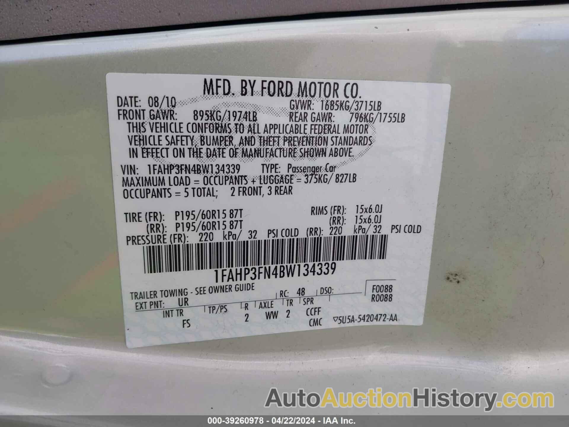 FORD FOCUS SE, 1FAHP3FN4BW134339