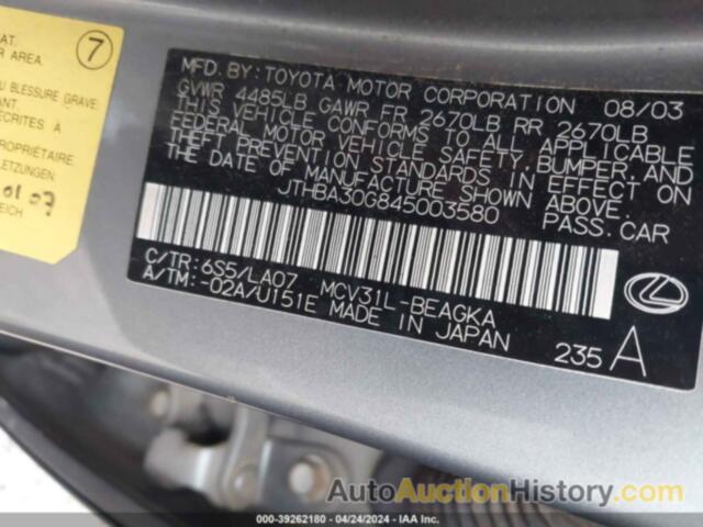 LEXUS ES 330, JTHBA30G845003580