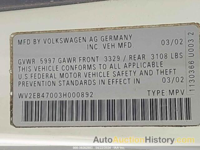 VOLKSWAGEN EUROVAN MV, WV2EB47003H000892