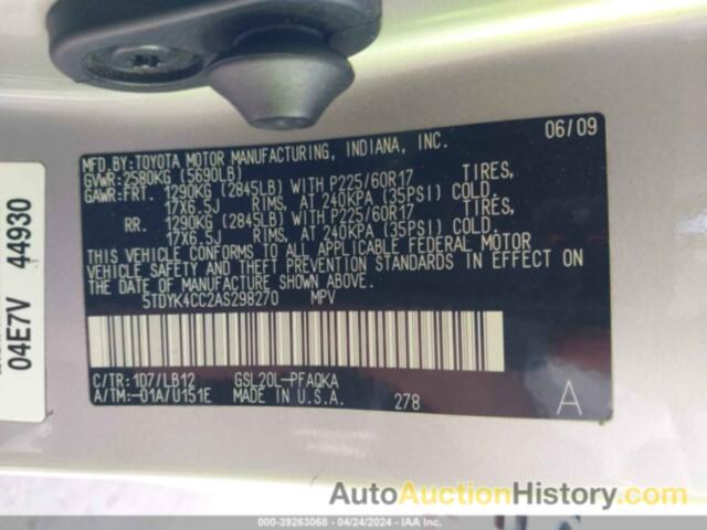 TOYOTA SIENNA XLE, 5TDYK4CC2AS298270