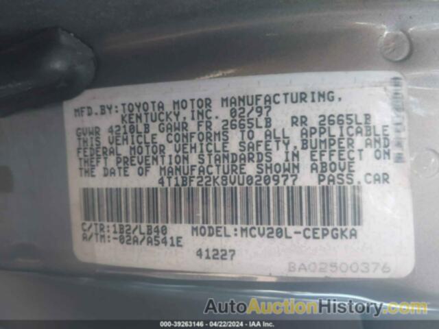 TOYOTA CAMRY XLE V6, 4T1BF22K8VU020977