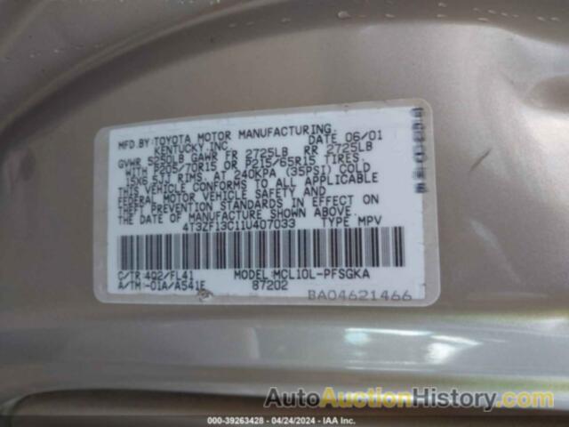 TOYOTA SIENNA XLE, 4T3ZF13C11U407033