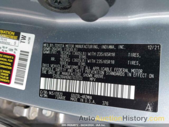 TOYOTA HIGHLANDER XLE, 5TDGZRAH6NS102033