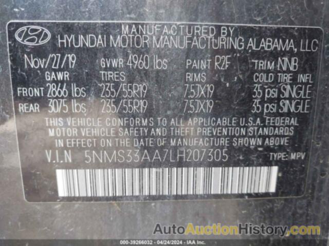 HYUNDAI SANTA FE SEL/SEL PLUS, 5NMS33AA7LH207305