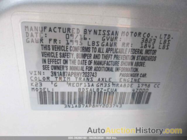 NISSAN SENTRA S/SV/SR/SL, 3N1AB7AP8HY203743