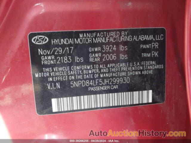 HYUNDAI ELANTRA SEL, 5NPD84LF5JH299930