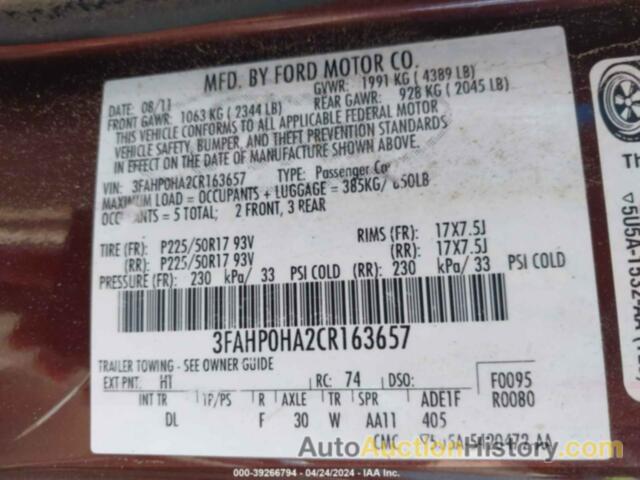 FORD FUSION SE, 3FAHP0HA2CR163657