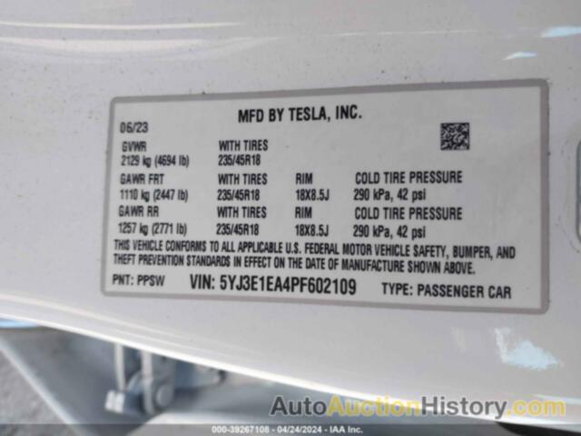 TESLA MODEL 3 REAR-WHEEL DRIVE, 5YJ3E1EA4PF602109