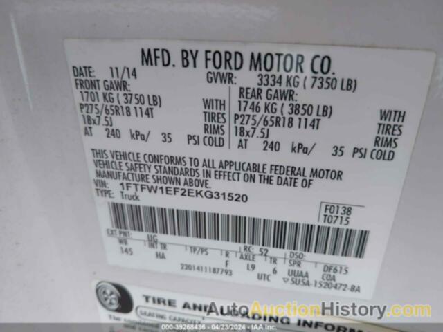 FORD F-150 LARIAT, 1FTFW1EF2EKG31520