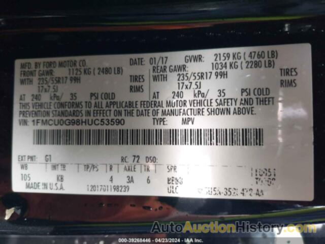 FORD ESCAPE SE, 1FMCU0G98HUC53590