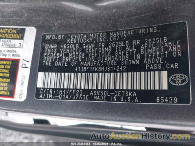 TOYOTA CAMRY LE/XLE/SE/XSE, 4T1BF1FK8HU814242