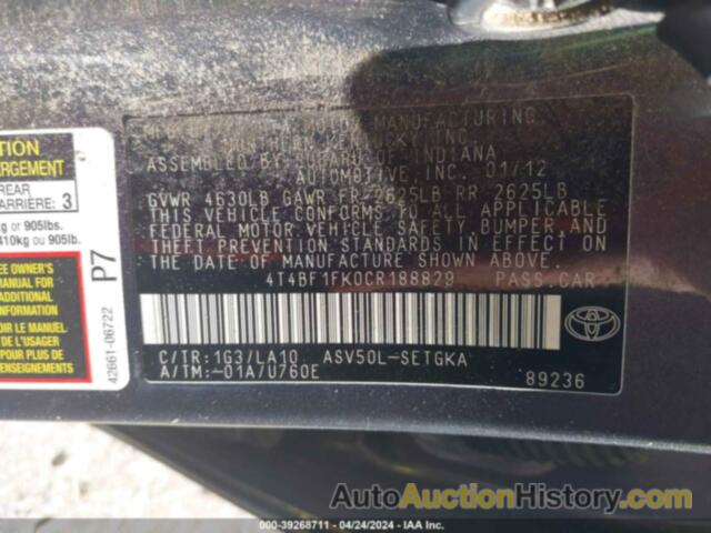 TOYOTA CAMRY XLE, 4T4BF1FK0CR188829