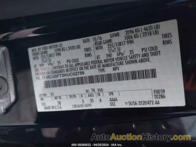 FORD ESCAPE S, 1FMCU0F73HUC02756