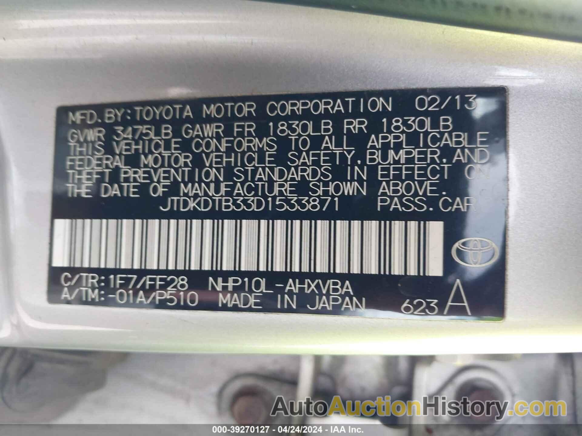 TOYOTA PRIUS C TWO, JTDKDTB33D1533871