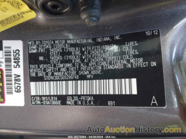 TOYOTA SIENNA XLE/LIMITED, 5TDYK3DC5DS299748