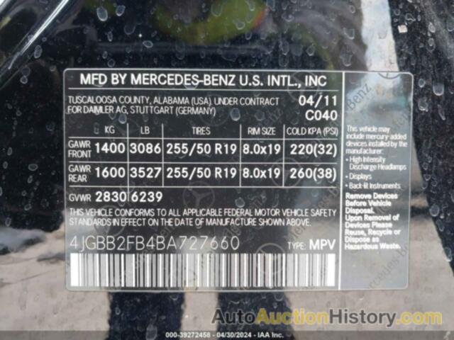 MERCEDES-BENZ ML 350 BLUETEC 4MATIC, 4JGBB2FB4BA727660