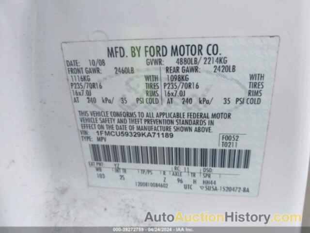 FORD ESCAPE HYBRID LIMITED, 1FMCU59329KA71189