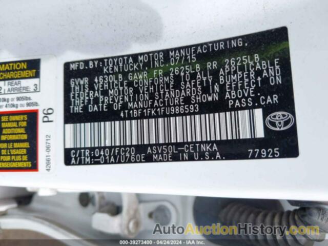 TOYOTA CAMRY LE/XLE/SE/XSE, 4T1BF1FK1FU986593