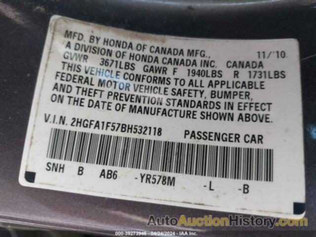 HONDA CIVIC LX, 2HGFA1F57BH532118