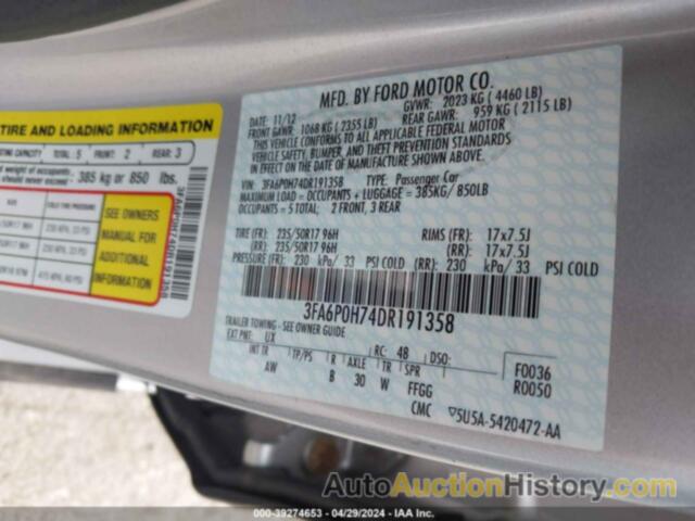 FORD FUSION SE, 3FA6P0H74DR191358