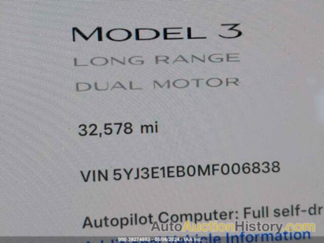 TESLA MODEL 3 LONG RANGE DUAL MOTOR ALL-WHEEL DRIVE, 5YJ3E1EB0MF006838