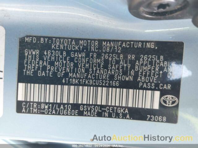 TOYOTA CAMRY SE/XLE, 4T1BK1FK9CU522166