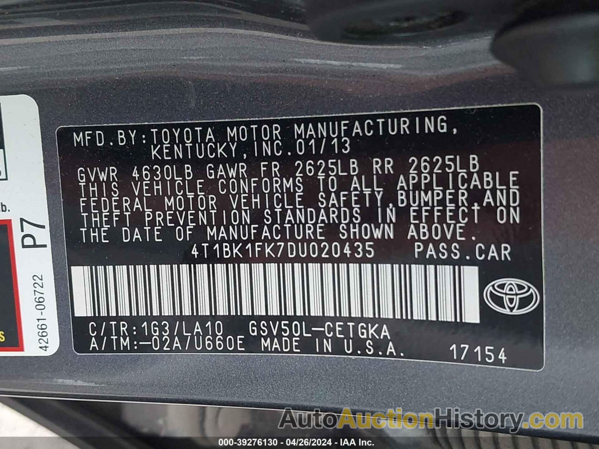 TOYOTA CAMRY XLE V6, 4T1BK1FK7DU020435