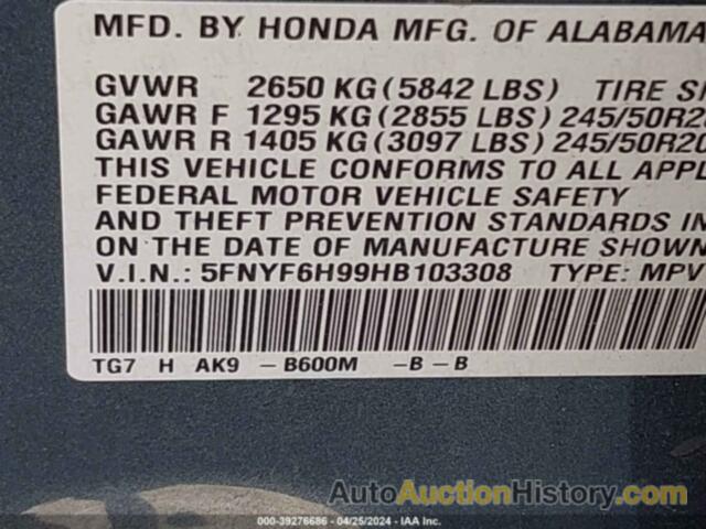 HONDA PILOT TOURING, 5FNYF6H99HB103308