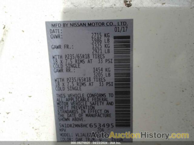 NISSAN PATHFINDER S/SV/SL/PLATINUM, 5N1DR2MN8HC653495