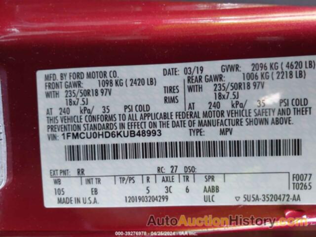 FORD ESCAPE SEL, 1FMCU0HD6KUB48993