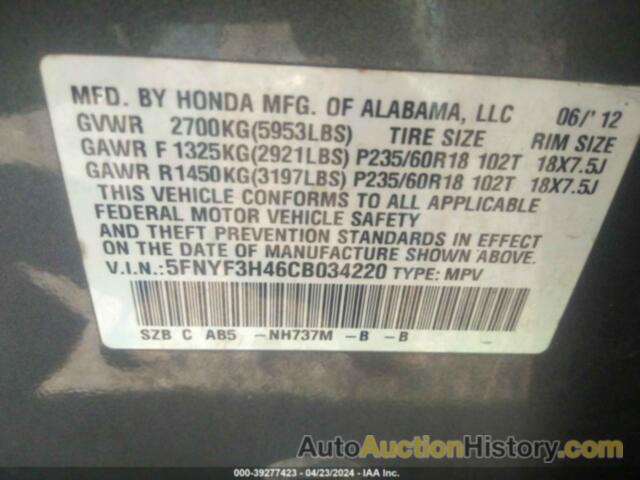 HONDA PILOT EX, 5FNYF3H46CB034220