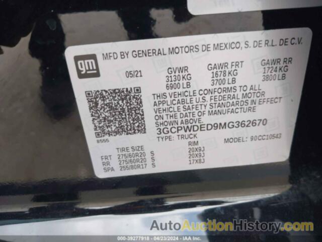 CHEVROLET SILVERADO 1500 2WD  SHORT BED RST, 3GCPWDED9MG362670