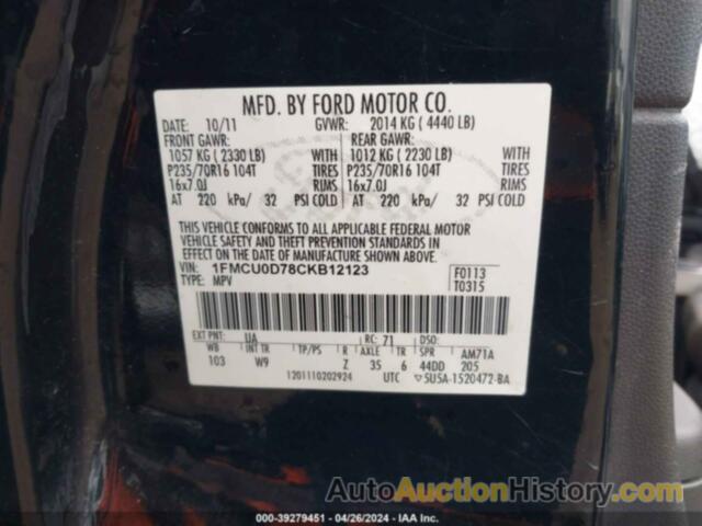 FORD ESCAPE XLT, 1FMCU0D78CKB12123