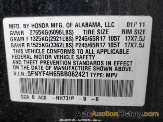 HONDA PILOT EX-L, 5FNYF4H65BB062421