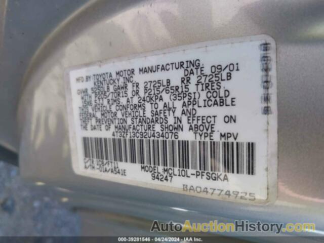 TOYOTA SIENNA LE, 4T3ZF13C92U434076