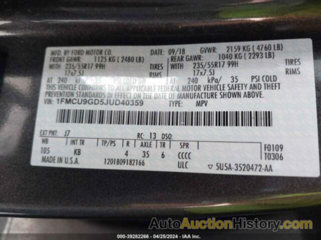 FORD ESCAPE SE, 1FMCU9GD5JUD40359