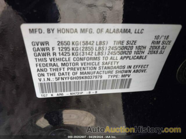 HONDA PILOT ELITE, 5FNYF6H09KB037979