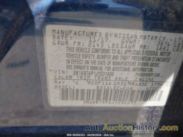 NISSAN SENTRA SV, 3N1AB7AP1JY231499