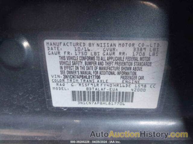 NISSAN VERSA 1.6 S, 3N1CN7AP8HL817706