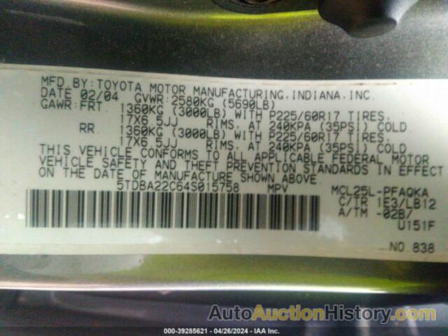 TOYOTA SIENNA XLE LIMITED, 5TDBA22C64S015758