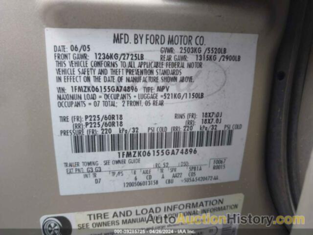 FORD FREESTYLE LIMITED, 1FMZK06155GA74896