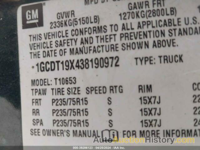 CHEVROLET S-10 LS, 1GCDT19X438190972