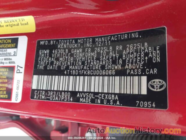 TOYOTA CAMRY HYBRID XLE, 4T1BD1FK8CU006066