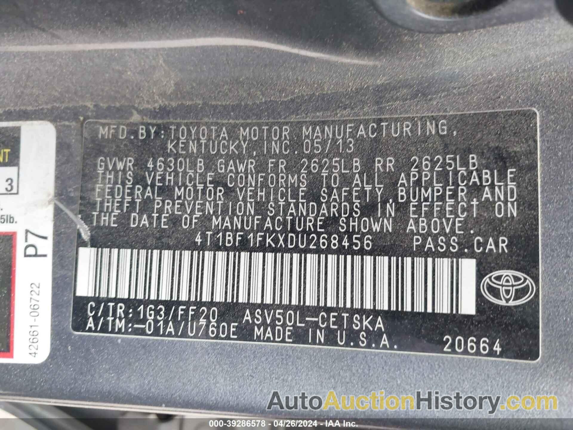 TOYOTA CAMRY SE, 4T1BF1FKXDU268456